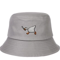 Close-up of a grey cotton bucket hat featuring a goose with a knife embroidery detail - Adjustable / Gray