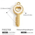 Gold stainless steel heart key charm pendant with white enamel and dimension details - White Heart Key Pendant PJ93276B