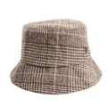 Close-up of vintage brown plaid wool bucket hat with detailed metallic logo accent - 58cm / Light Coffee