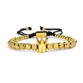 Adjustable black woven bracelet with gold crown pendant and textured stainless steel beads - Gold 6MM 12 Pineapple Beads