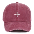 Casquette de baseball vintage délavée bordeaux avec broderie croix blanche usée - Réglable / Bordeaux