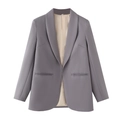 Détail du col châle et de la doublure beige lisse du blazer violet pour femme - Gris