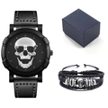 Men's hip hop watch set with skull dial, woven leather bracelet and premium gift box - Silver / Watch + Bracelet + Gift Box