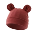 Detail of brick red baby knit hat with bear ears and wide rolled edge for infant warmth - Cinnabar (Large Ear)