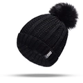 Close-up of black knit beanie with gold metallic thread and fluffy faux fur pom-pom - Black Knitted Beanie (Single Hat)