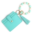 Mint green silicone beaded keychain bracelet with matching leather card holder and tassel - Mint Green