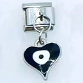 Maglia charm italiana con cuore in smalto nero e motivo dell'occhio del male - Malocchio Nero