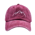 Gorra de béisbol de algodón lavado rojo oscuro con bordado de montaña blanca en el frente - Talla Única(Ajustable) / Rojo Vino - Bordado de Montaña