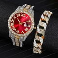 Luxury iced-out quartz watch with red Roman dial and matching Cuban link bracelet set - Two-Tone / Red Watch + Bracelet