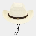 Close-up of beige straw cowboy hat with brown leather band and metal buckle detail - One Size / Ivory