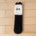 Cute black and white panda pattern fluffy coral fleece socks on a wooden floor background - One Size / Black & White Panda