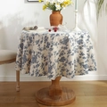 Nappe ronde en coton et lin avec motif floral bleu et blanc pour table de salle à manger - Diamètre 150CM / Floral Bleu