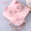 Pink infant shoes and lace headband set with mesh flowers and glitter stars - Style 26 (Pink Mesh Star/Pink Mesh Flower)