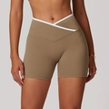Olive green high waist cross-over yoga shorts with white v-waistband detail - S / Cocoa Brown