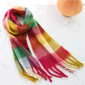 Winter rainbow checkered scarf with tassels made of thick rainbow soft cashmere-like yarn - Multicolor Plaid Red Yellow Green Blue (WJ137-5)