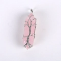 Macro shot of silver wire-wrapped pink crystal hexagonal pendant with life tree detail - Without Chain (Approx 10*50mm) / Rose Quartz