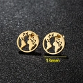 Minimalist 13mm gold stainless steel round stud earrings featuring a world map cutout design - 130 World Map / Gold