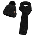 Winter black knitted beanie with fur pom-pom and matching scarf featuring subtle sequins - Two-Piece Set / Black