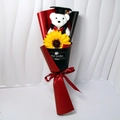 Graduation plush bear with sunflower bouquet in red and black festive gift wrapping - Red + Sunflower