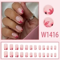 Pink press-on nails with dark floral patterns and gold glitter accents in a 24-piece set - Nude Pink Plum Flower Style (W1416)