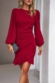 Front view of deep red puff sleeve bodycon dress with elegant ruffled hemline detail - S / Burgundy