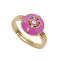 Verstellbarer goldener Evil Eye Ring mit rosa Emaille und bunten Zirkonsteinen in 45-Grad-Ansicht - Einstellbar Offen / Magenta