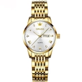Luxury gold stainless steel watch for women with white dial and day date display - Gold White Face