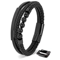 Men's multi-layer black braided leather bracelet with black beads and magnetic buckle - Three-layer Curved Tube Steel Bead / Black