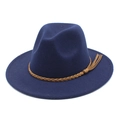 Navy blue wool Fedora hat featuring a brown braided leather band and decorative tassels - M (56-58cm) / Navy Blue