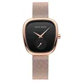 Damen Quarzuhr in Roségold mit Milanaise-Netzarmband und minimalistischem schwarzen Zifferblatt - Roségold Schwarz Zifferblatt Mesh