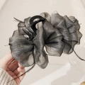 Elegant large dark grey mesh hair claw clip with fluffy feather accents for women - 13CM Grey Bubble Gauze Feather Claw Clip
