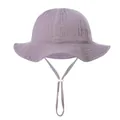 Detailed close-up of purple cotton baby sun hat with textured fabric and adjustable chin strap - Purple
