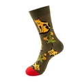 Olive green crew sock featuring orange cat and yellow floral patterns with red toe contrast - No. 886 Green Background Ginger Cat
