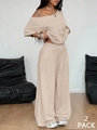 Close-up of beige knitted loungewear set featuring wide-leg pants and 2 pack label - Apricot-colored Short-sleeved Shirt / S