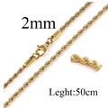 2mm width gold rope chain necklace in 50cm length with secure lobster clasp finish - 2mm/50cm / Gold
