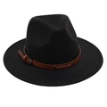 Close-up of black wool fedora featuring a brown leather band and metal buckle detail - Black (Two Studs)