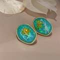 Vintage 18K gold-plated oval stud earrings with blue amber and yellow dried flowers - Green Painted Flower