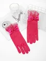 Fuchsia bridal party mesh gloves featuring stylish polka dot lace and satin bow details - One Size / Rose Red