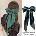 Dark green satin bow hair clip with long streamers, 20x40cm large vintage hair accessory - Dark Green