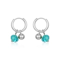 Silver stainless steel hoop earrings with lake blue crystal beads and metal balls - Blue Zircon Metal Ball Pendant / Silver