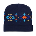 Navy blue knit beanie with colorful geometric jacquard pattern and soft texture - Dark Blue Ethnic Pattern (R)