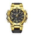 Black silicone strap sport watch with gold steel case and dual-display analog digital dial - Gold