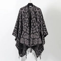 Vintage gray leopard print knitted shawl with fringe hem and warm winter wrap style - Dark Grey