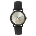 Montre à quartz pour femme avec bracelet en cuir noir et cadran floral argenté - Blanc