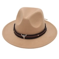 Ethnic camel wool fedora hat with brown leather band and silver metal bull skull pendant - Kids One Size (54cm) / Camel