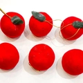 Set of 6 red flocked apple Christmas ornaments with green leaves and gold strings - 4CM Flocked Red Apple Ornaments (6Pcs) (PS-033)