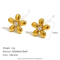 Pendientes de flor en acero inoxidable chapado en oro 18K con circón central - Pendientes de Botón de Mini Flor de Circonita - Dorado - Clip de Oreja