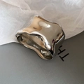 Irregular wavy textured wide band ring in high-polish silver metal finish - Irregular Fluid Shaped Style (42#)