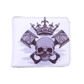 Weiße kurze Bifold-Geldbörse mit lila Totenkopf- und Kronenaufdruck im Retro-Stil - Maschinenkolben-Totenkopf-Stil