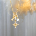 Collana placcata oro 18k con ciondolo a stella, stella in zircone e perla - Oro-Collana Stella Perla Artificiale Strass
